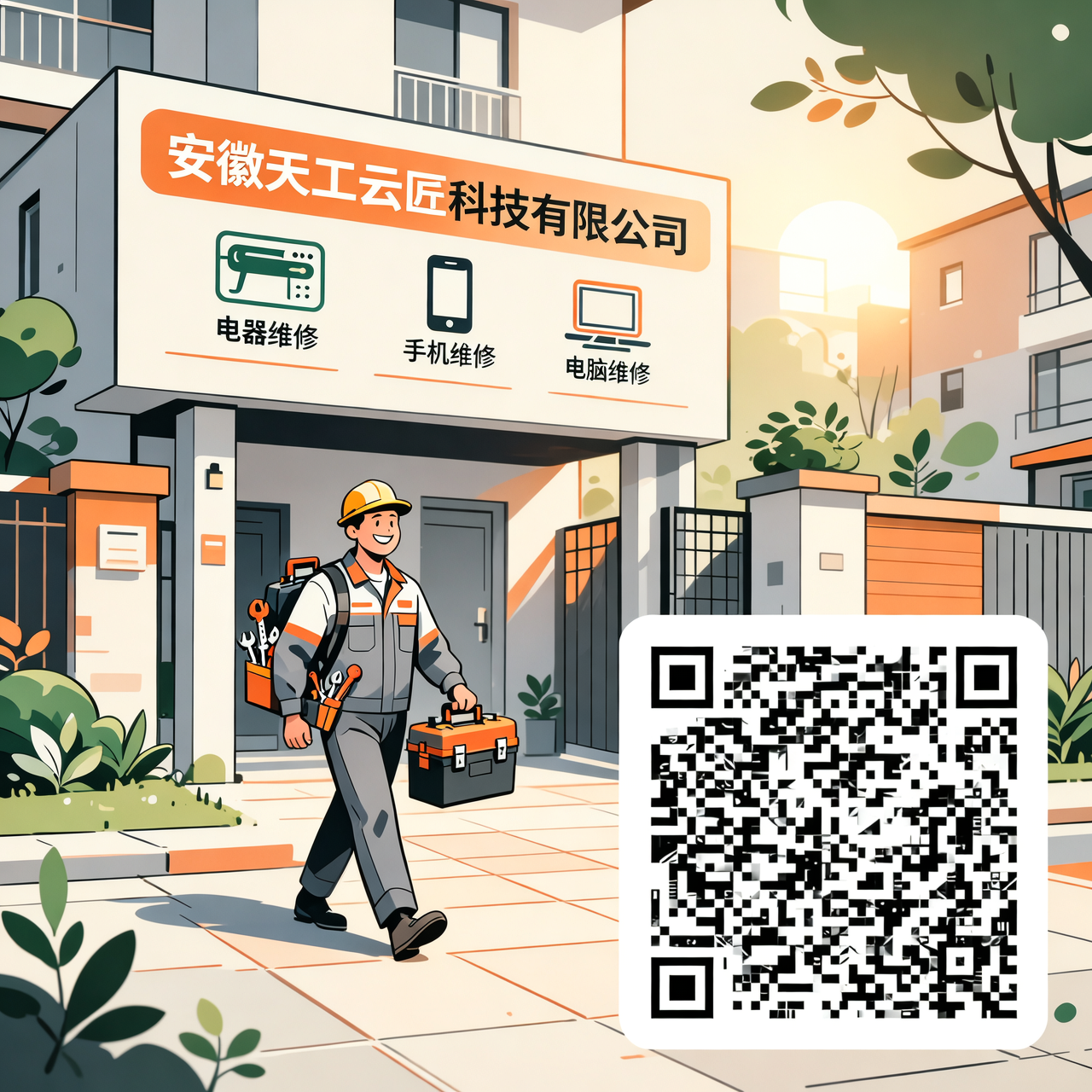 温暖手绘风格,本地维修服务场景,安徽天工云匠科技有限公司工匠上门,师傅背着工具箱走进居民小区,门口有电器、手机、电脑维修标识,社区氛围亲切,阳光、绿植、城市建筑,体现专业维修公司快速响应与工匠服务。构图突出人物与平台二维码感元素,色彩柔和,细节丰富,适合文章内插图。